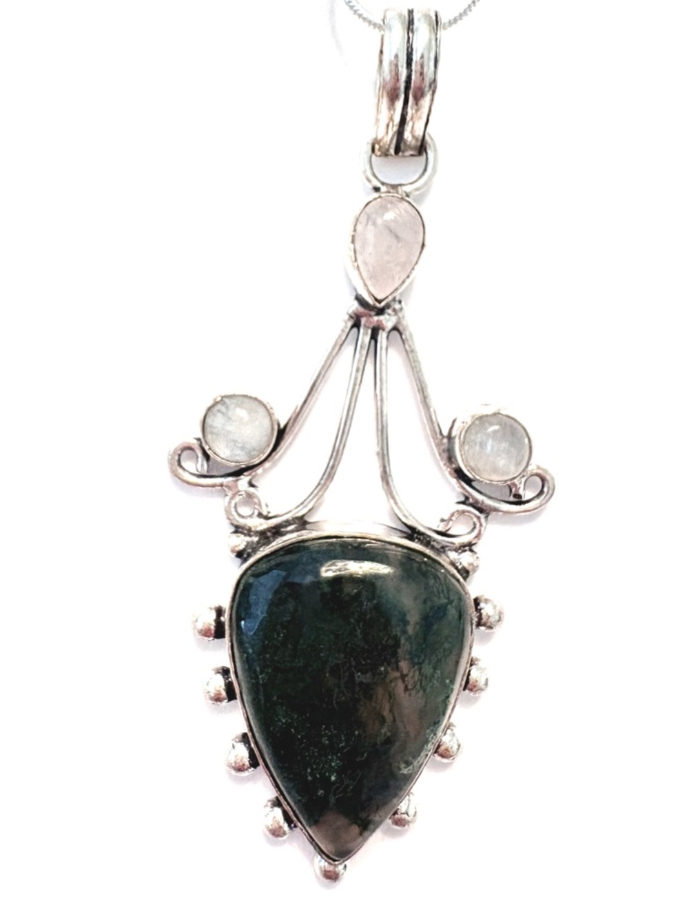 3 inch, 925 marked, Moss Agate and Rose Quartz pendant on a  silver chain.